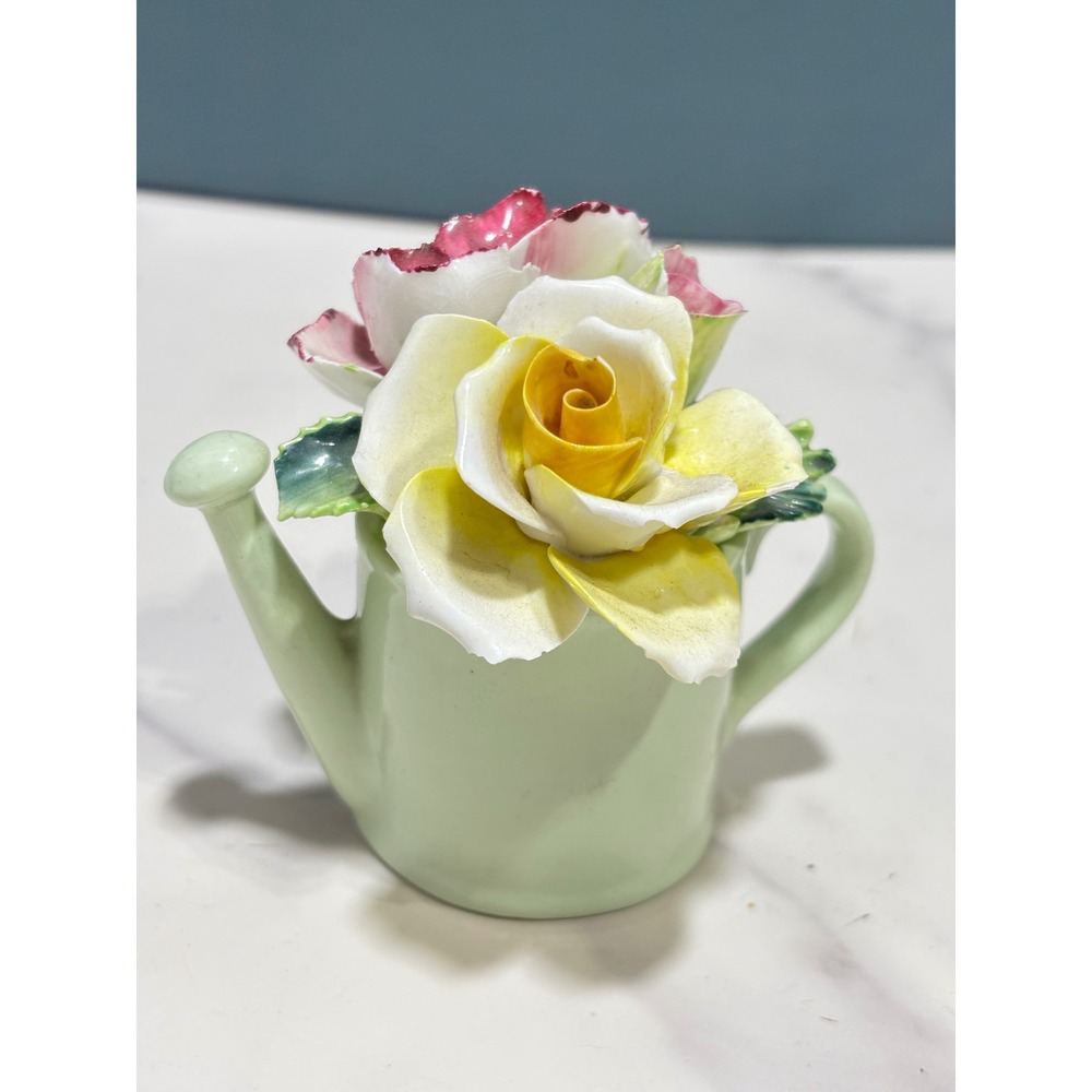Radnor Bone China England Floral Watering Can Figurine Yellow‎ Rose Pink Anemone
